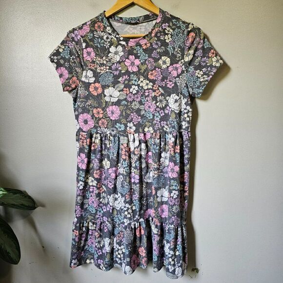 EUC LILY WHITE FLORAL CREW NECK BABYDOLL TIERED DRESS SIZE L - Picture 1 of 14